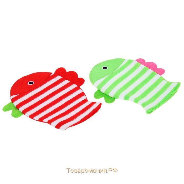 Мочалка-варежка детская для купания «Рыбка», 19×21 см, полосатая, цвет МИКС