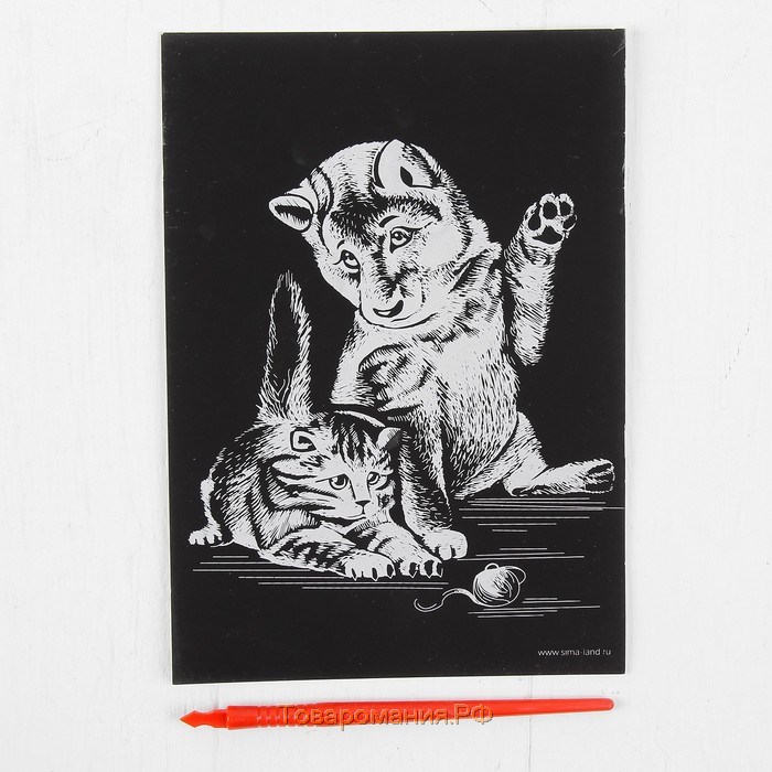 Гравюра «Котёнок и щенок» с металлическим эффектом серебра А5