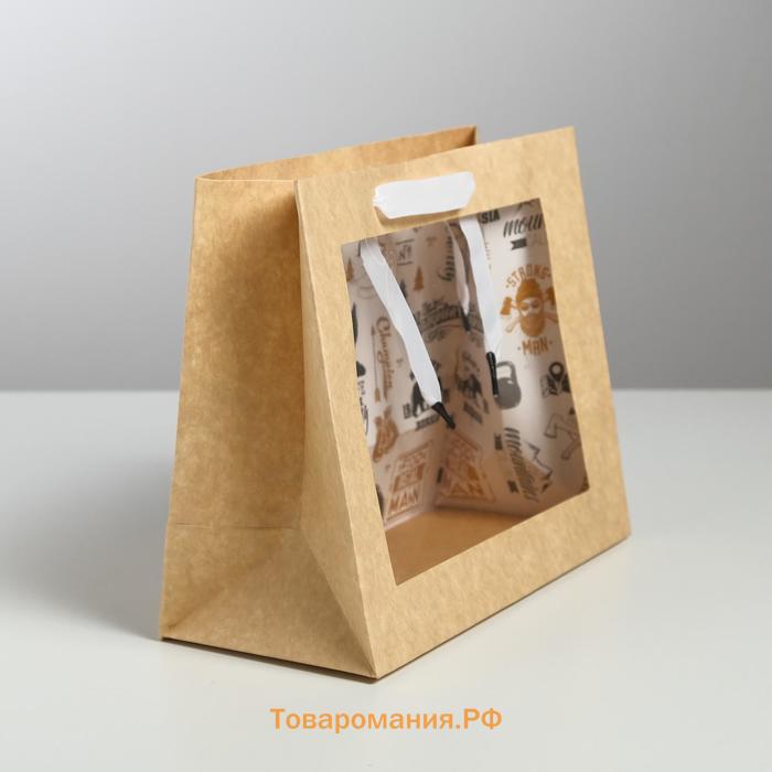 Пакет подарочный крафтовый с пластиковым окном, упаковка, Man, 24×20×11 см