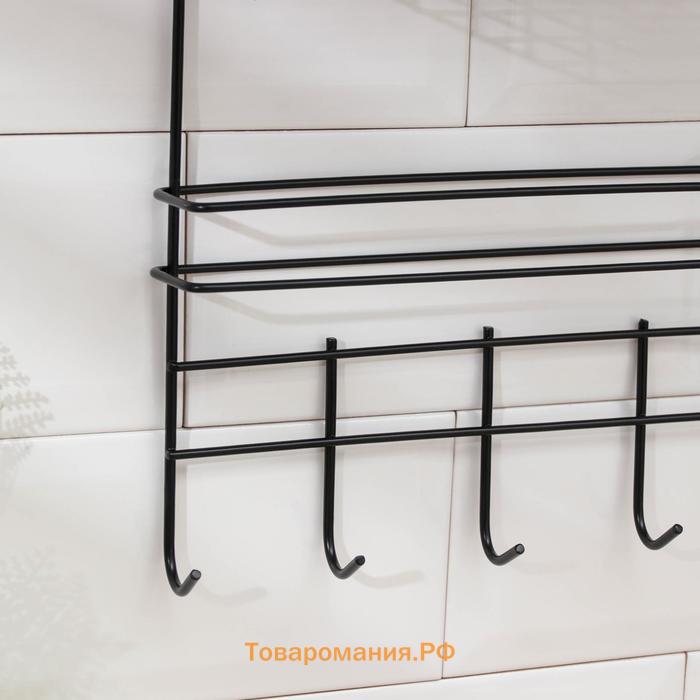 Полка для кухни , с держателем для полотенец, 6 крючков, чёрная