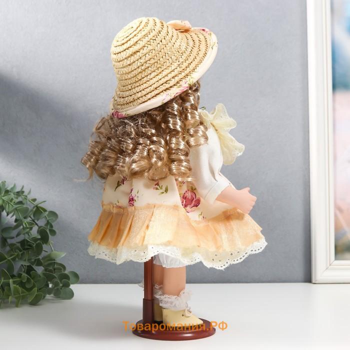 Кукла коллекционная керамика "Алиса в жёлтом платье с цветами, в соломенной шляпке" 30 см